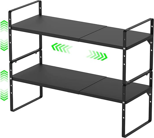 Expandable Kitchen Cabinet Storage Shelf, Stackable Metal Pantry Storage Shelves Organizer, Adjustable Height Counter Spice Rack for Kitchen Cabinet, Countertop, Pantry and Office