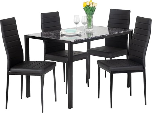 PayLessHere Dining Table and Chairs Set, Modern Rectangular Marble Table top with 4 Chairs PU Leather for Dining Room and Kitchen, Black Marble