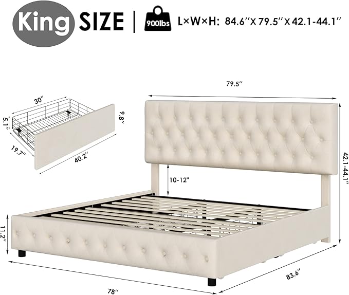 Keyluv Modern Upholstered Bed Frame with 4 Storage Drawers, Button Tufted Headboard Design, Solid Wooden Slat Support, Easy Assembly, Soft Velvet, Beige, King Size