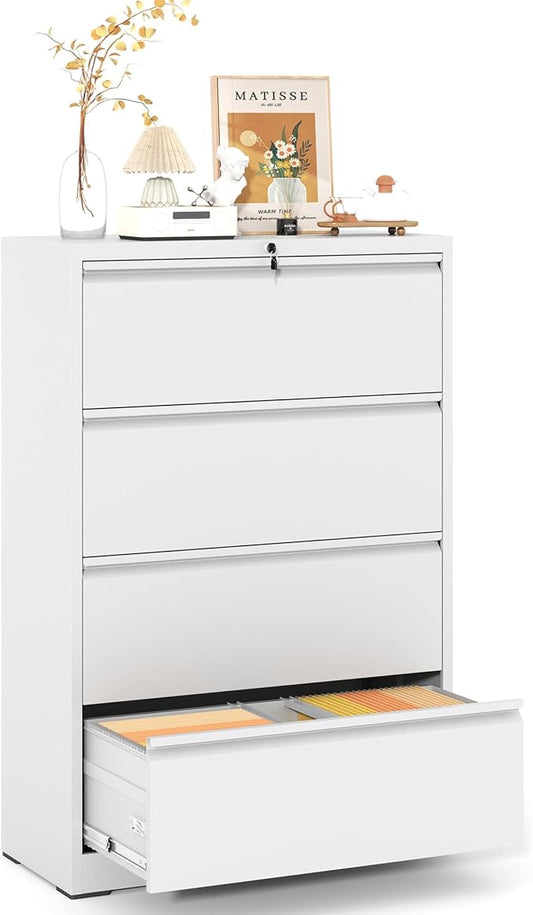 Metal Lateral File Cabinets with Lock,4 Drawer Filing Cabinets for Home Office,Storage Cabinets for Hanging Files Letter/Legal/F4/A4 (White)
