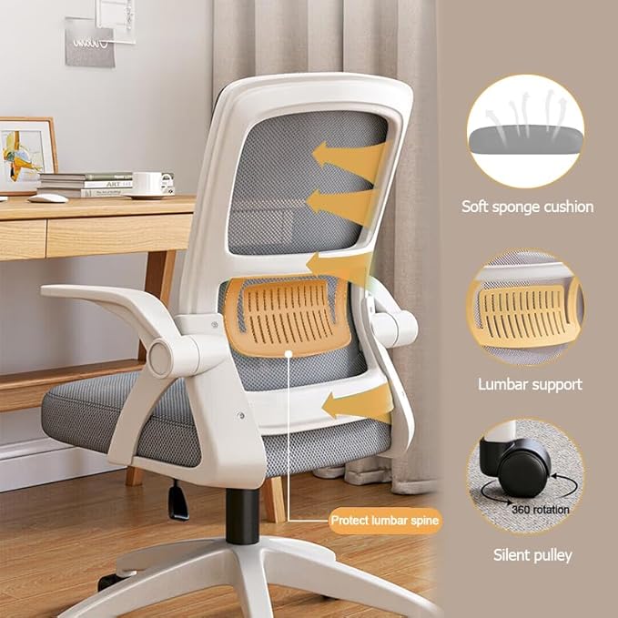 Home Office Chair Ergonomic Breathable Mesh Chair High Back with Adjustable Height Swivel with Flip-Up Arms and Lumbar Support