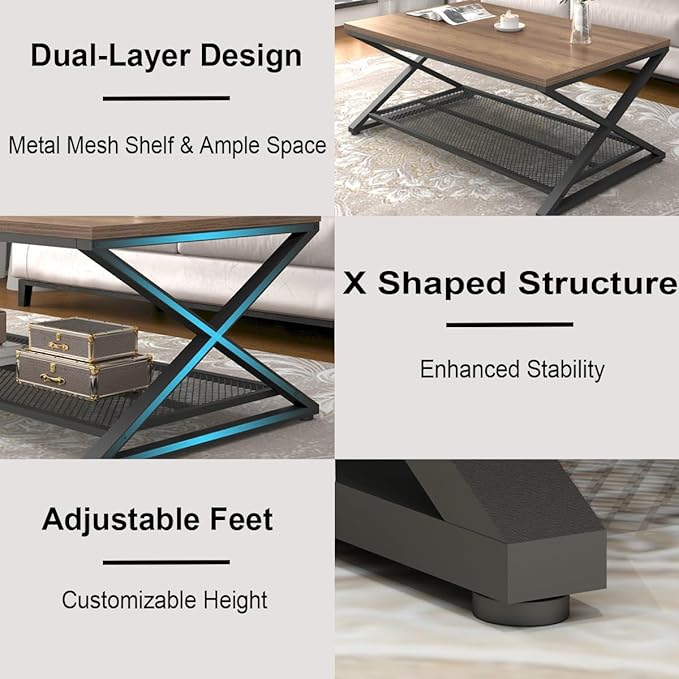 LVB Wood Coffee Table, Metal Wooden Living Room Table with Storage, Industrial 2 Tier Cocktail Tea Table with Mesh Shelf, Farmhouse Rectangular Low Middle Tables for Office Bedroom, 39 inch Rustic Oak