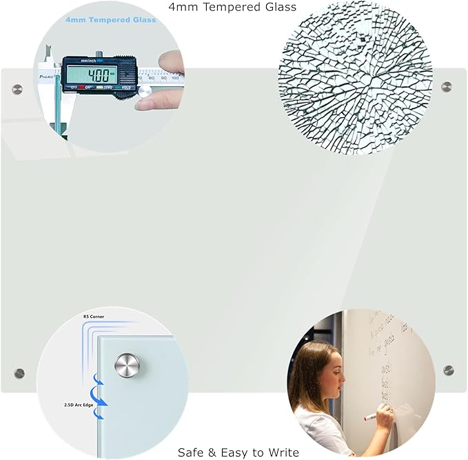 Glass Whiteboard 4' x 3', Magnetic Dry Erase Board Frameless Wall Mounting, Large Glass White Board for Office Home & School