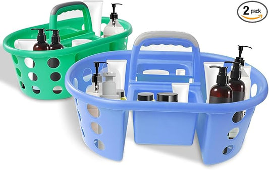 Large Shower Caddy Portable 2PC - Made in USA Plastic Jumbo Size Dorm Storage Candy Tote with Handle Shower Organizer for Bathroom, Pantry, Kitchen, College Dorm, Green/Periwinkle