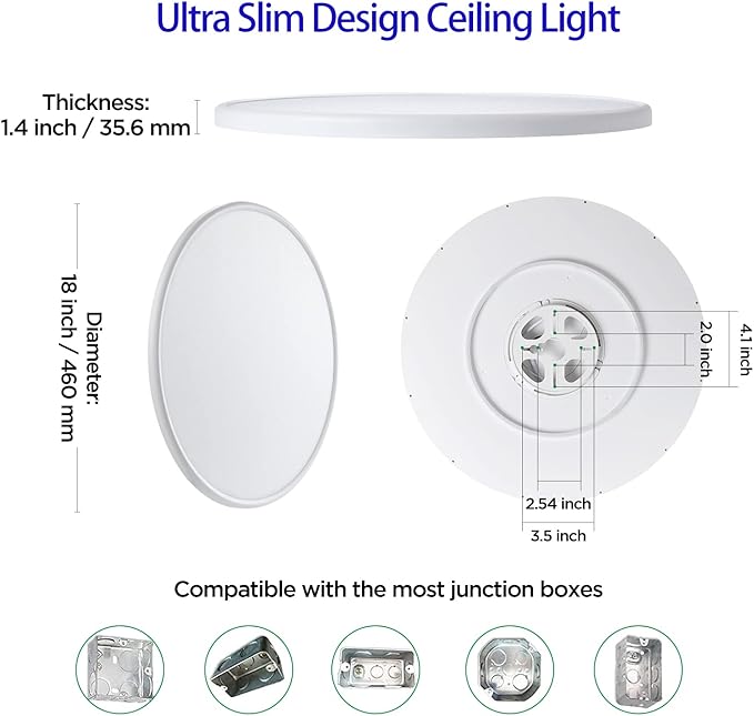 ocioc 18inch Flush Mount Ceiling Light Fixture with Remote Control, 40W, 2000K Nightlight, 3000K-6500K Color Changeable, LED Ceiling Light for Living Room/Bedroom/Kitchen White