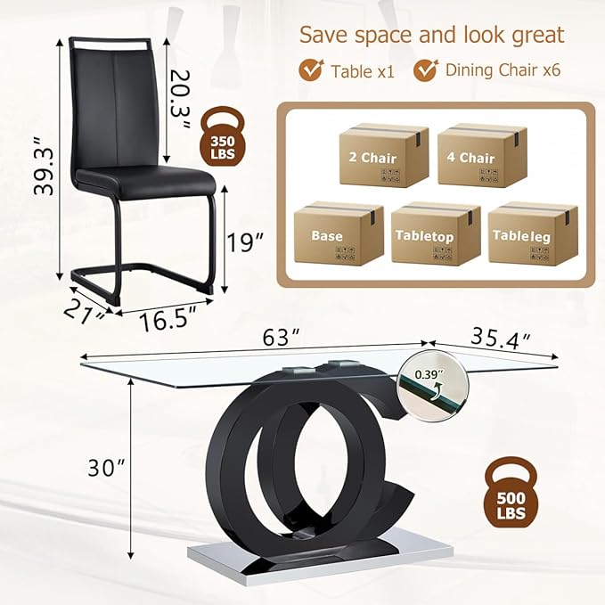 63'' Glass Dining Table Set for 6, Kitchen Table Chairs Set of 6, Clear Glass Dining Table with Black unique design Leg and Silver Metal Base, 6 PU Dining Chairs with Metal Legs, Living Room, Kitchen.