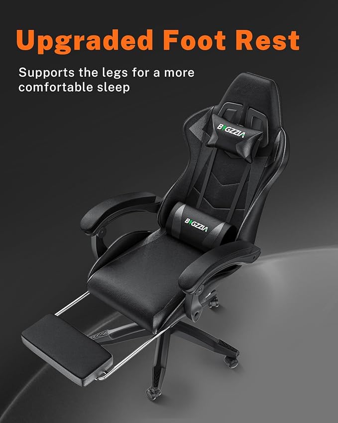Gaming Chair with Footrest, High Back Ergonomic Computer Gamer Chair with Headrest and Lumbar Support, Racing Style Reclining Game Chair for Adults, Kids (Dark Black)