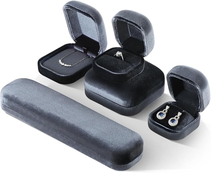 Resilient Velvet Ring Earrings Bracelet Necklace Display Box, Travel Mini Jewelry Organizer Case (Gray, Earrings Box)