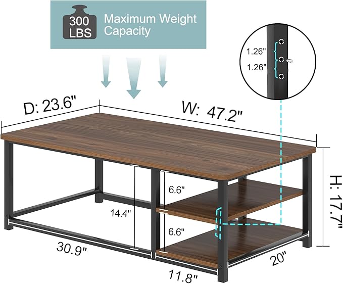 EXCEFUR Modern Coffee Table, Rustic Wood and Metal Center Table for Living Room, Industrial Rectangle Cocktail Tea Table with Storage Shelf, Walnut, 47 Inch