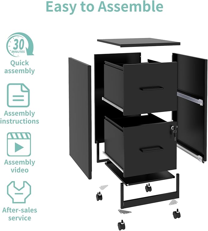 AQY 2 Drawer Mobile File Cabinet with Lock, Rolling Metal Filing Cabinet for Home Office, Vertical File Cabinet on Wheels, Small Black File Storage Cabinets for Legal/Letter/A4 Files Assembly Require