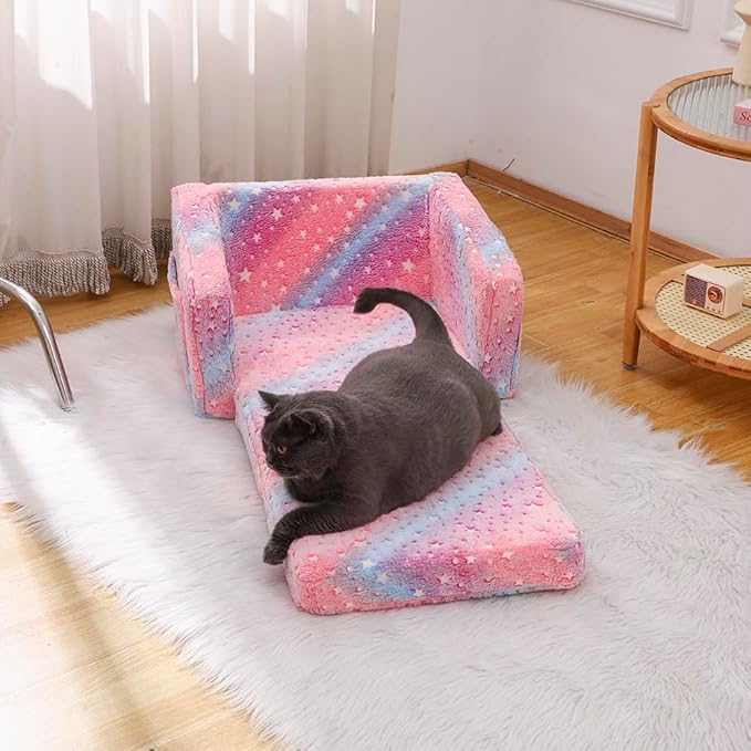 Furnishh Kids Sofa Couch Fold Out, Baby Toddler Comfy Soft Chair for Boys Girls, Flip Out Foldable Children 2 in 1 Convertible Sofa to Lounger, Folding Child Sleeper for Playroom, Pink Star