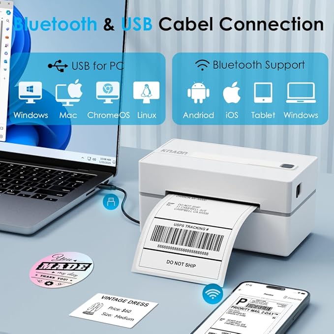 Bluetooth Thermal Shipping Label Printer, 4x6 Portabel Thermal Address Label Printer for Small Bussiness, Compatible with iPhone,Android,Windows,Mac,Chromebook –Works with eBay Shopify USPS&More