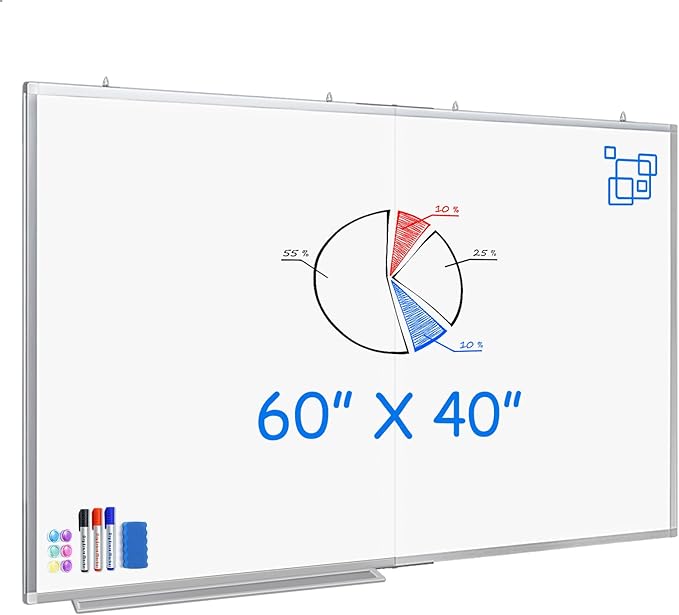 White Board Dry Erase 60x40, Large Magnetic Whiteboard Maxtek Dry Erase Boards for Wall, Aluminum Presentation Wall-Mounted Marker Board with a Long Pen Tray for School, Classroom, Office & Home