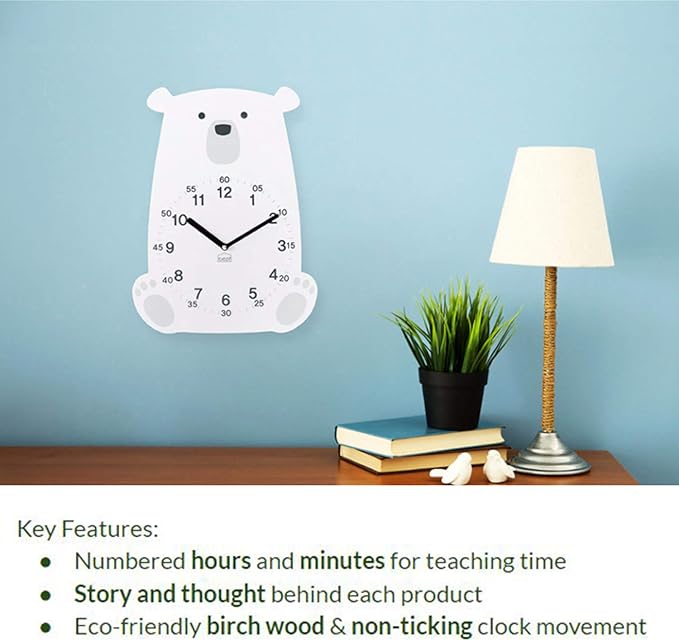 Silent Kids Wall Clock - Animal Wooden Clock for Home, Nursery, Office, Baby Room - Non-Ticking, Decorative, Cute (White Polar Bear)