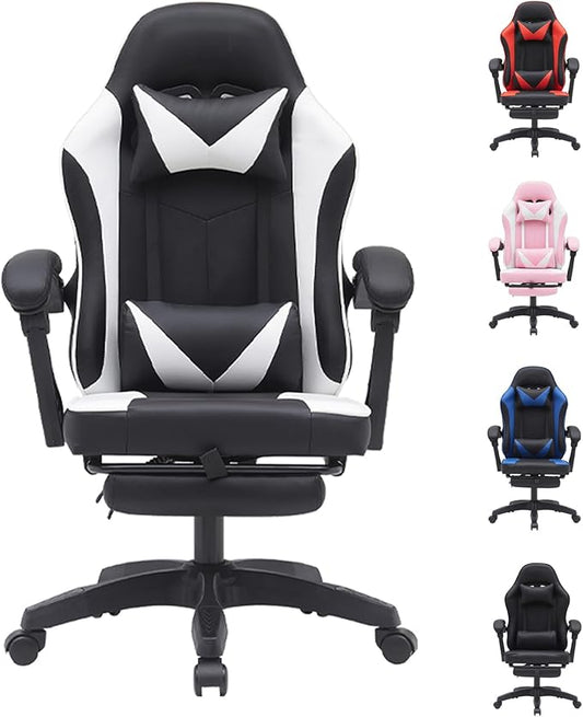 Gaming Chair,Big and Tall Massage Video Game Chairs,Lumbar Support Footrest Padded Armrest Adjustable Height Swivel,300lb Capacity, Comfy Racing Gaming Chairs for Adult Kids (White)