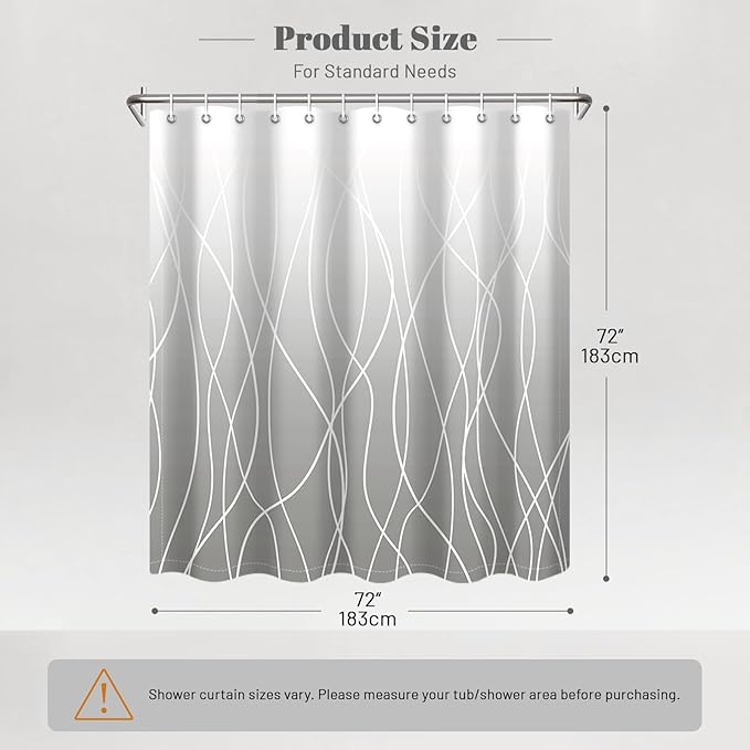 Punkray Ombre Light Grey Striped Polyester Shower Curtain for Bathroom with Hooks, Waterproof Bath Accessories Hotel Style - Machine Washable 72 x 72