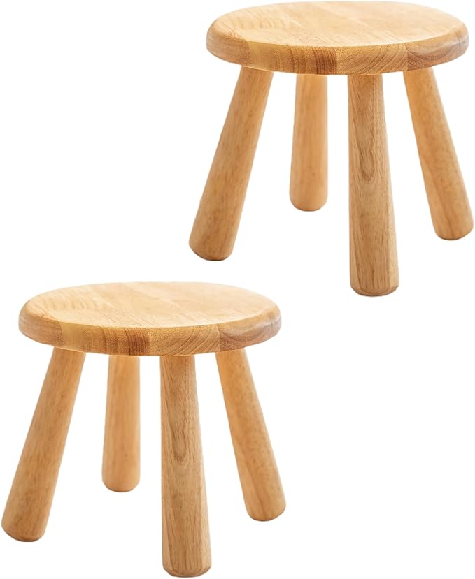 100% Solid Wood Mushroom Step Stool, Small Wooden Stool for Kids & Adults, Plant Stand & Side Table, Compact & Sturdy Footstool for Bathroom, Bedroom, Living Room, Natural (2PCS)