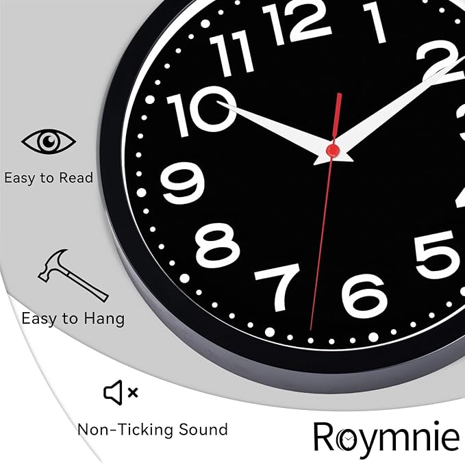 Wall Clock Silent Non-Ticking Modern Clock Battery Operated 10 Inch Small Classic Analog Decorative for Kitchen, Living Room, Office, Bedroom, Bathroom (Black Black)