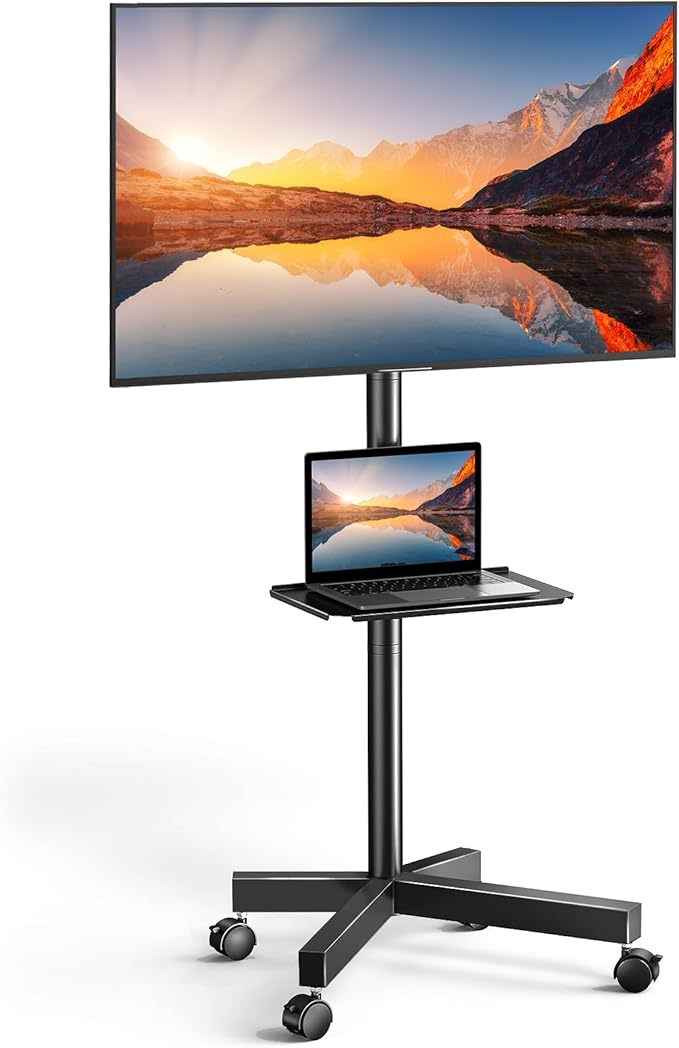 PERLESMITH Rolling TV Stand on Wheels for 23-60 Inch Flat Curved Screen TVs, Mobile TV Cart Height - Adjustable with Shelf/Tray, Portable TV Stand Holds up to 55 lbs, Max VESA 400x400mm, PSTVMC04