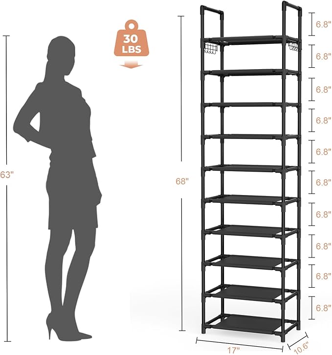 10 Tiers Shoe Rack 20-25 Pairs Large Capacity Tall Shoe Organizer Sturdy Shoe Storage with Two Hooks Metal Narrow Shoe Rack for Closet, Entryway, Bedroom, Black
