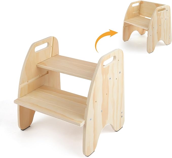 comfoyar 2 in 1 Toddler Step Stool, Wooden 2 Step Stool for Kids with Handles and Anti Slip Pad, Convertible Back Chair, Height Adjustable Potty Training Helper Stool for Bathroom Sink, Bedroom