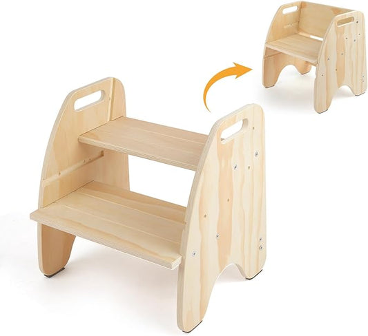 comfoyar 2 in 1 Toddler Step Stool, Wooden 2 Step Stool for Kids with Handles and Anti Slip Pad, Convertible Back Chair, Height Adjustable Potty Training Helper Stool for Bathroom Sink, Bedroom