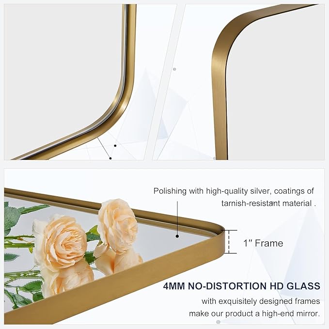 ANDY STAR 22"x34" Brushed Gold Pivot Mirror for Bathroom, Brass Metal Frame Bathroom Mirrors for Wall，Rectangle Titling Vanity Wall Mirror with Rounded Corner Design Hangs Vertically Only