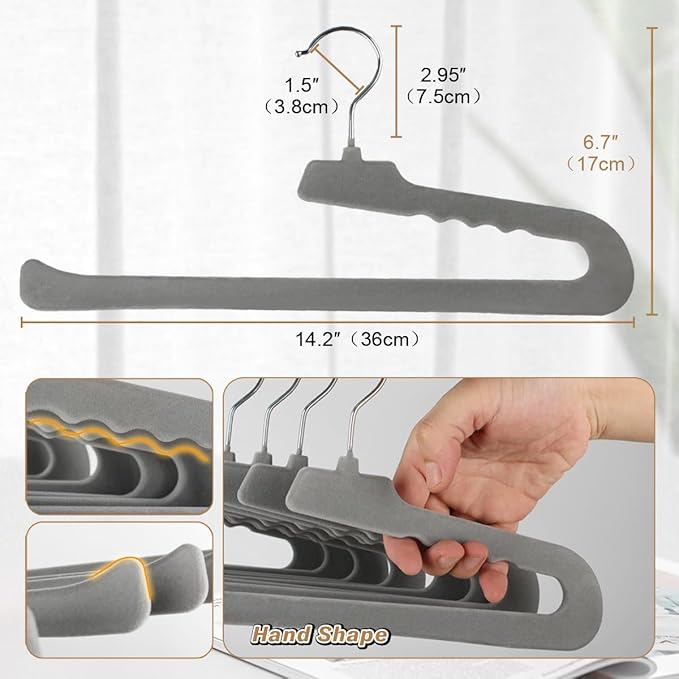 Velvet Pants Hangers,16 Pack Non Slip Felt Slack/Trouser Hanger,Slim & Sleek Heavy Duty Space Saving Closet with 360° Swivel Hook,Tank Top Hangers for Shorts,Jeans,Suit Pants,Towel(Grey)