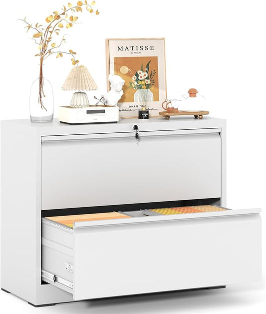 Lateral File Cabinet with Lock,2 Drawer Metal Filing Cabinets for Home Office, Storage Cabinet for Hanging Files Letter/Legal/F4/A4 (White)