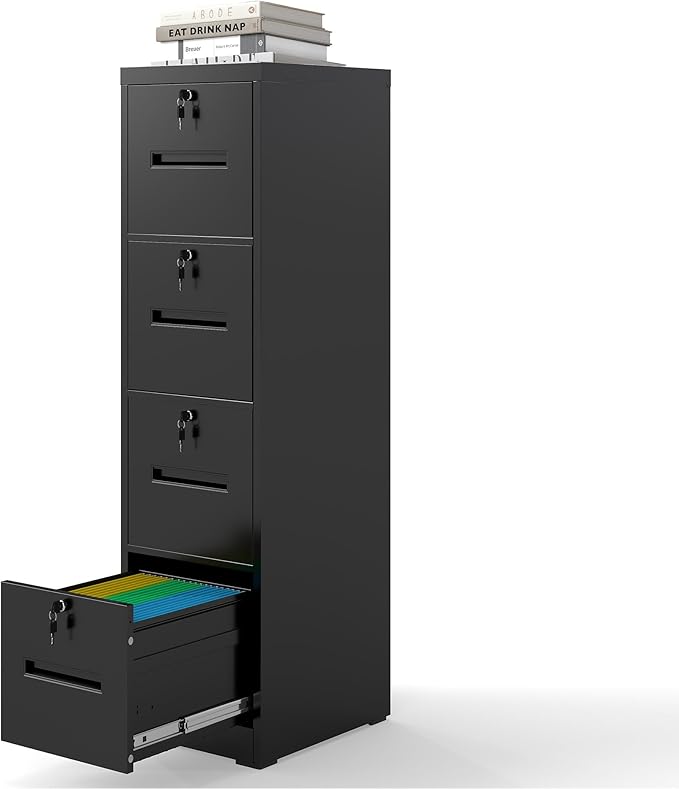 4 Drawer File Cabinet with 4 Individual Locks, Vertical Metal Filing Cabinet Home Office Narrow Locking File Cabinets for A4/Legal/Letter File Folders, Anti-Tilt Design, Need Assemble (Black)