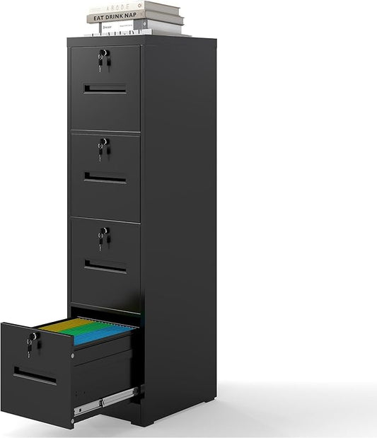 4 Drawer File Cabinet with 4 Individual Locks, Vertical Metal Filing Cabinet Home Office Narrow Locking File Cabinets for A4/Legal/Letter File Folders, Anti-Tilt Design, Need Assemble (Black)