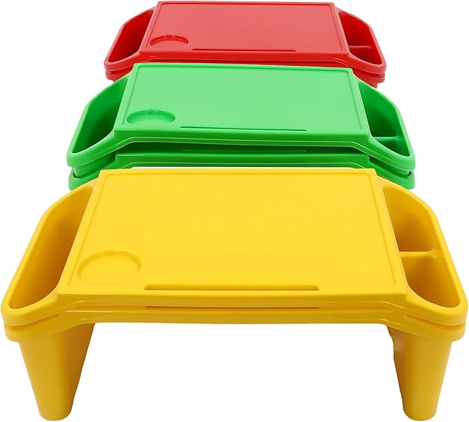 6 Pcs Kids Lap Desk Tray, Plastic Breakfast Lap Desk Trays with Side Pockets and Slot, Portable Lap Table Snack Tray for Eating, Writing, Drawing, Game, 19.69" L x 9.84" W x 7.1" H (3 Colors)