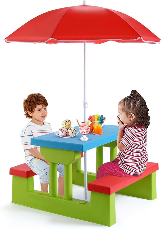 DORTALA Kids Picnic Table, Outdoor Toddler Table and Bench Set with Removable Umbrella, Plastic Kids Activity Table Set for Backyard, Garden, Nursery, Gift for Boys Girls Age 3+, Red