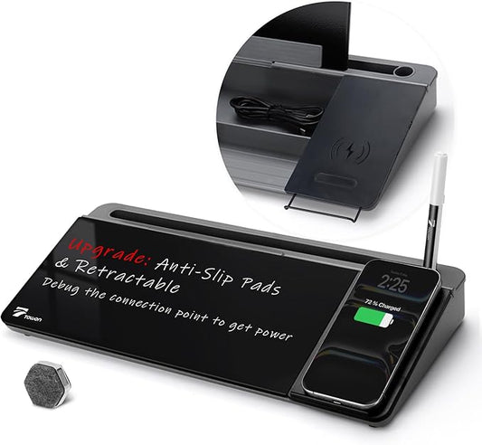 TOWON Black Desk Dry Erase Board with Charger Pad, Small Glass Desktop Whiteboard, Desktop whiteboard - Glass Dry Erase White Board- Desk Computer Buddy for Home Office Supply, 17 x 6 Inches