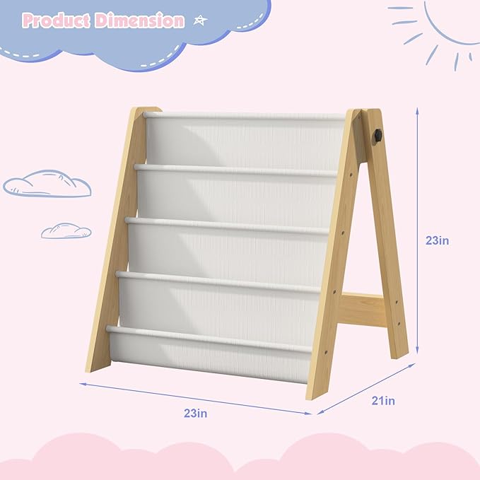 NACHES 4-Tier Foldable Kids Bookshelf, Large Capacity Montessori Sling Bookcase with 4 Deep Fabric Pockets, Magazine and Book Storage Rack for Nursery, Kids Room, Bedroom, Playroom (Burlywood)