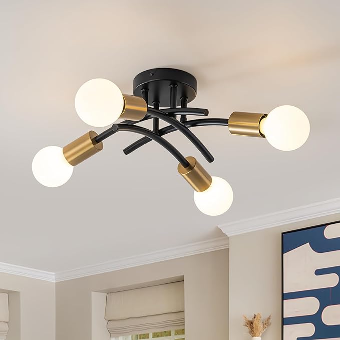 WILON Semi Flush Mount Ceiling Light Fixture, Modern Flush Mount Ceiling Lights, Black Gold 4-Light Sputnik Ceiling Light Fixture with E26 Bulb Base for Hallway Farmhouse Kitchen Bedroom