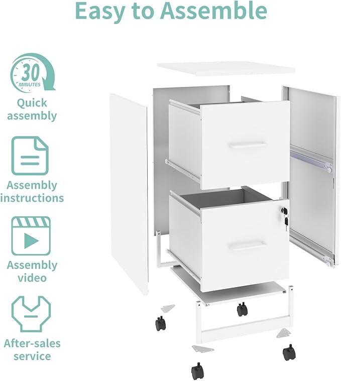 AQY 2 Drawer Mobile File Cabinet with Lock, Rolling Metal Filing Cabinets for Home Office, Vertical File Cabinet on Wheels, Small White File Storage Cabinets for Legal/Letter/A4 Files Assembly Require