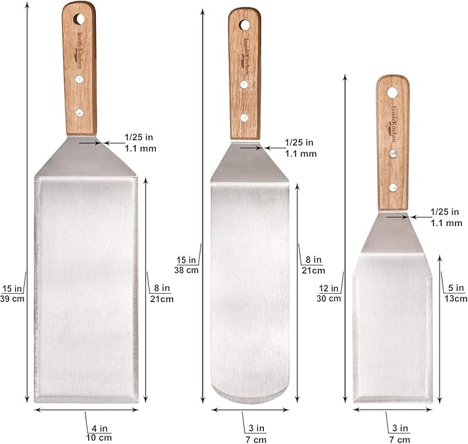 Professional Griddle Spatula Set – 4-Piece Flat Top Grill Tool Kit for BBQ, Hibachi & Outdoor Cooking – Heavy Duty Stainless Steel Griddle Spatula, Flipper, Turner, Chopper/Scraper with Wooden Handles