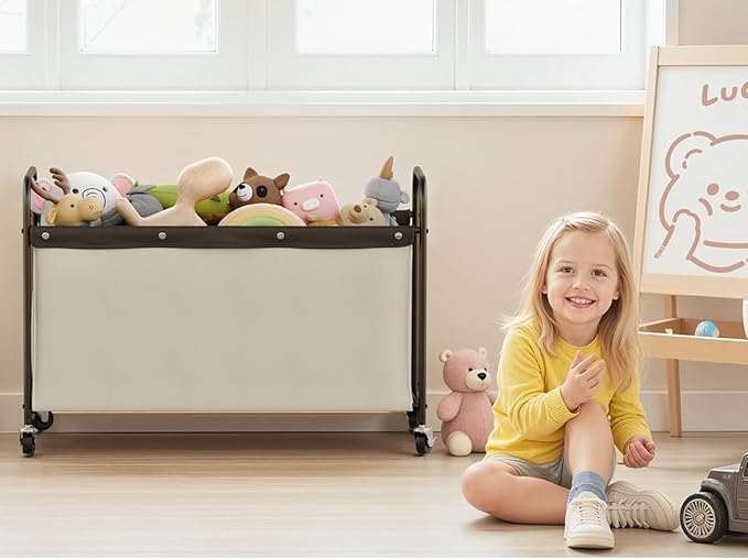 StorageWorks Toy Chest Storage with Wheels, Extra Large Kids Toy Box, Toy Storage Organizer, Metal Toybox for Bedroom, Living Room Area, Kids Room, 135L, Beige