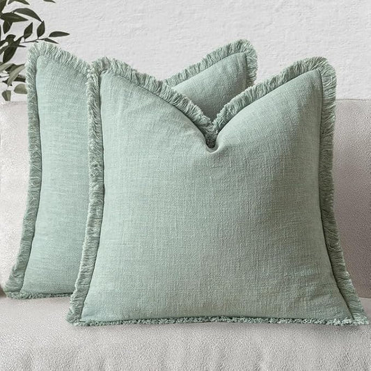 MIULEE Decorative Throw Pillow Covers Neutral Linen Fringe Throw Pillows Set of 2 Aqua Green Boho Farmhouse Cushion Covers with Tassels for Couch Sofa Bed Living Room Spring Home Decor 20x20 Inch