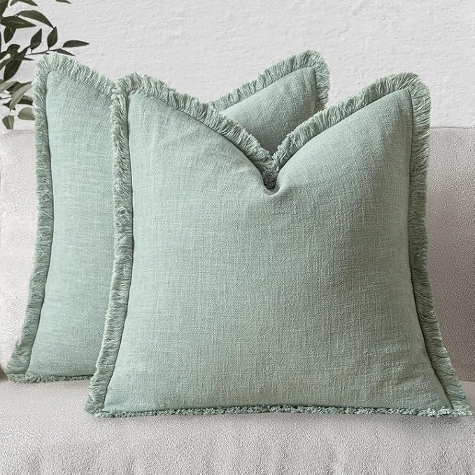MIULEE Decorative Throw Pillow Covers Neutral Linen Fringe Throw Pillows Set of 2 Aqua Green Boho Farmhouse Cushion Covers with Tassels for Couch Sofa Bed Living Room Spring Home Decor 18x18 Inch