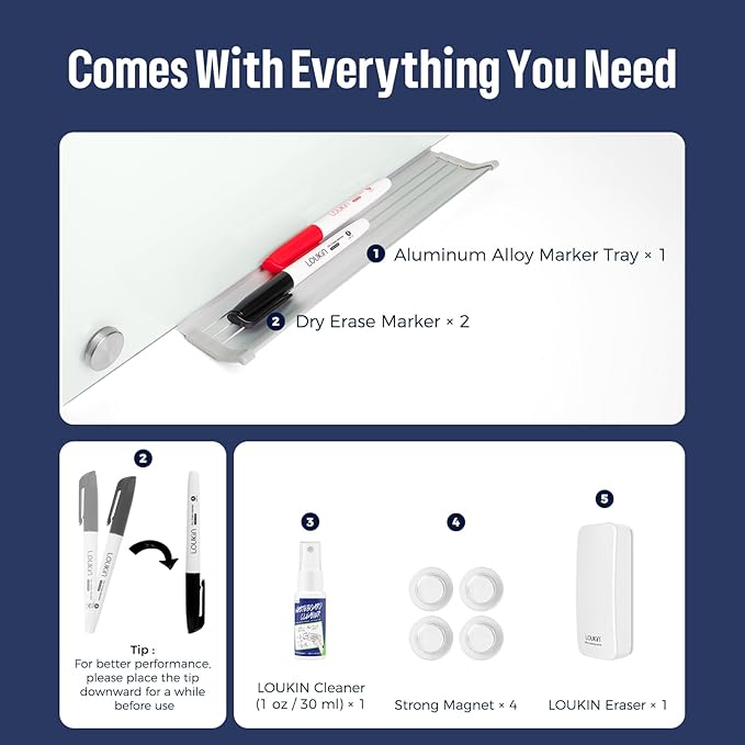 Loukin Glass Whiteboard for Wall, Magnetic Dry Erase Glass Board, Framless Surface White Board for Office, School, Dry Erase Whiteboard Set Includes Cleaner & Eraser & Marker (24" x 18")