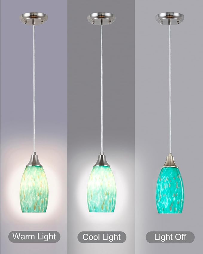Mini Pendant Lights Kitchen Island Hand Blown Aqua Glass Pendant Light with Brush Nickel Finish Adjustable Cord for Kitchen Over Sink,Hallway,Dining Room,Stairs Way