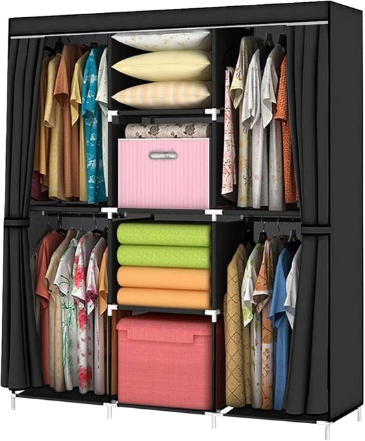 Portable Closet 50 Inch Wardrobe for Hanging Clothes with Non-Woven Fabric Cover, 4 Hang Rods and 4 Storage Organizer Shelves, Brown, Quick and Easy Assembly