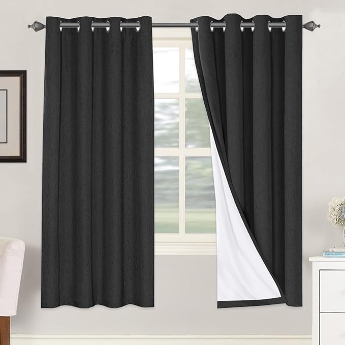 H.VERSAILTEX 100% Blackout Curtains for Bedroom Thermal Insulated Linen Textured Curtains Heat and Full Light Blocking Drapes Living Room Curtains 2 Panel Sets, Black, 52x72 Inch