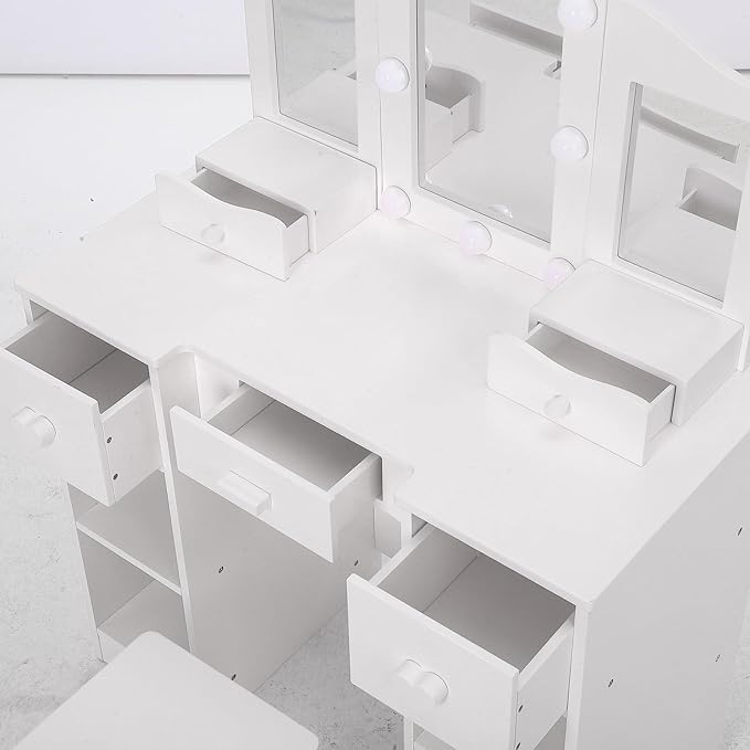 Kids Vanity Set With Mirror, 2 in-1 Wooden Toddler Vanity Table With Stool, Tri-Folding Mirror & Drawer,Princess Pretend Play Makeup Vanity Princess Makeup Desk Dressing Table for Little Girls