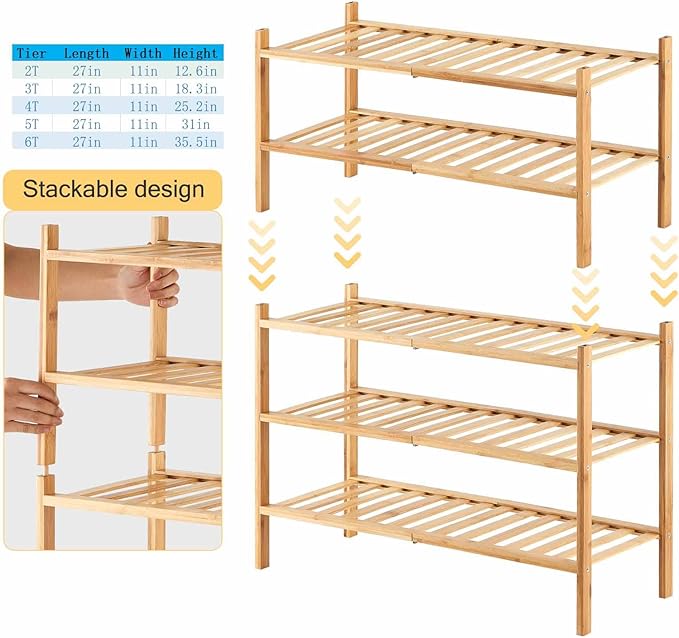 2-Tier Bamboo Shoe Rack for Entryway, Stackable | Heavy Duty | Multi-Function, Free Standing Shoe Racks for Bedroom Hallway Closet