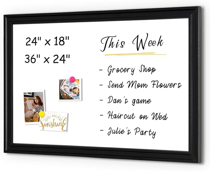 4 THOUGHT Dry Erase Board, 24 x 36 in Magnetic Whiteboard Black Vintage Wood Frame Wall-Mounted White Board Decorative Notice Board for School, Office, Home, Kitchen with 6 Magnets 4 Markers 1 Eraser