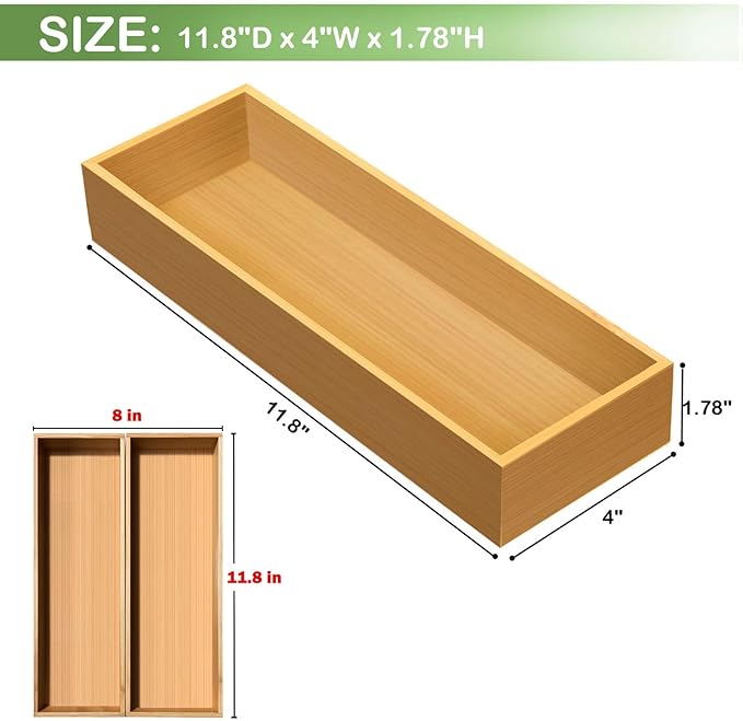 Bamboo Drawer Silverware Organizer, Utensil Organizer, Bamboo Storage Box Wood Silverware Tray for Drawer Set of 2