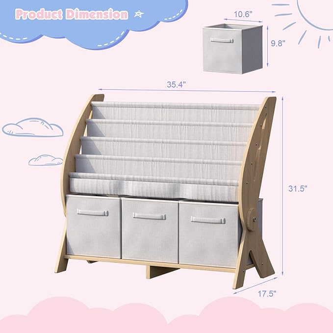 Kids Bookshelf 4 Tier Toddler Book Rack Baby Bookcase with 3 Toy Storage Organizer Cube Bins Fabric Sling Children Bookshelf for Boys Girls Kids Room Nursery Palyroom Book Display Shelf Wood
